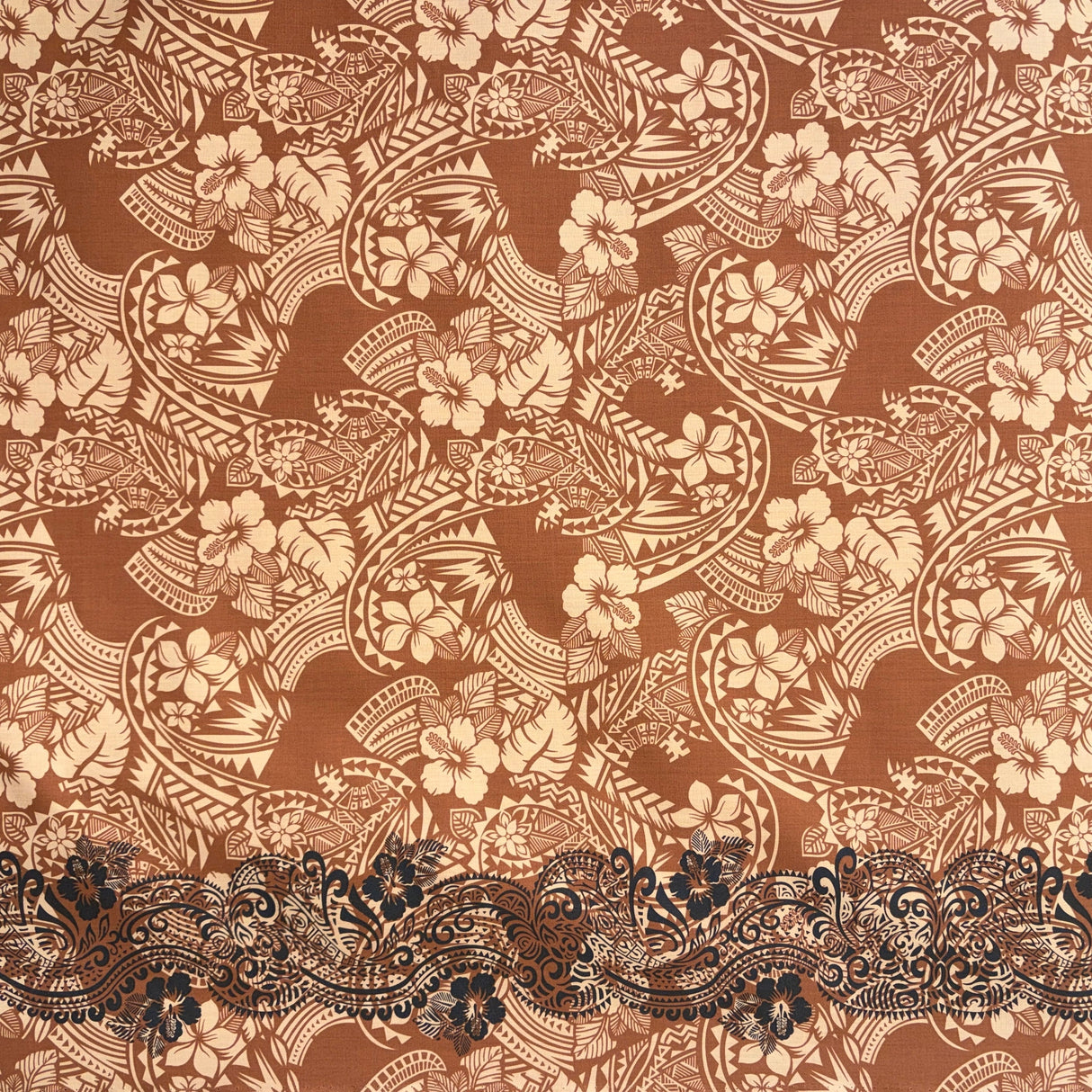 Polynesian Hibiscus & Plumeria Flowers Traditional Tattoo Poly-Cotton Fabric - Single Border, Red, Grey, Brown, Green, 45" Width (1 Yard)