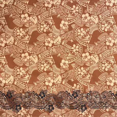 Polynesian Hibiscus & Plumeria Flowers Poly-Cotton Fabric - Traditional Tattoo Single Border, 45" Width (1 Yard)