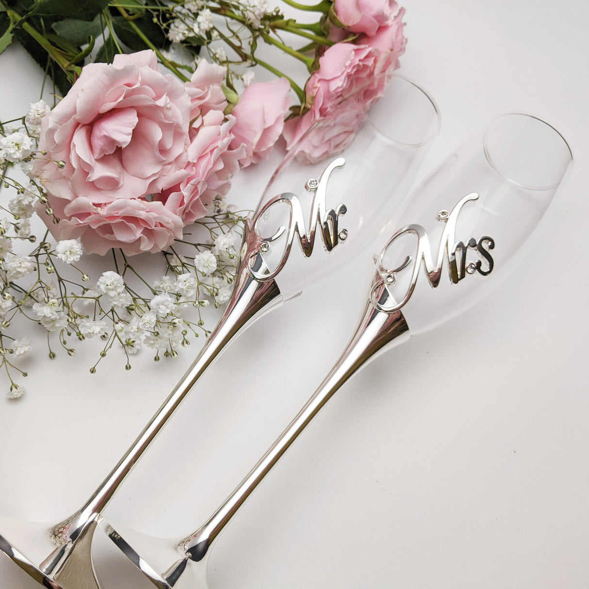 Silver Mr & Mrs Champagne Flutes Rhinestone Wedding Glass Set of 2