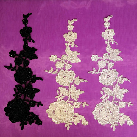 Beaded Corded Floral Lace Applique 100% Polyester Net Mesh