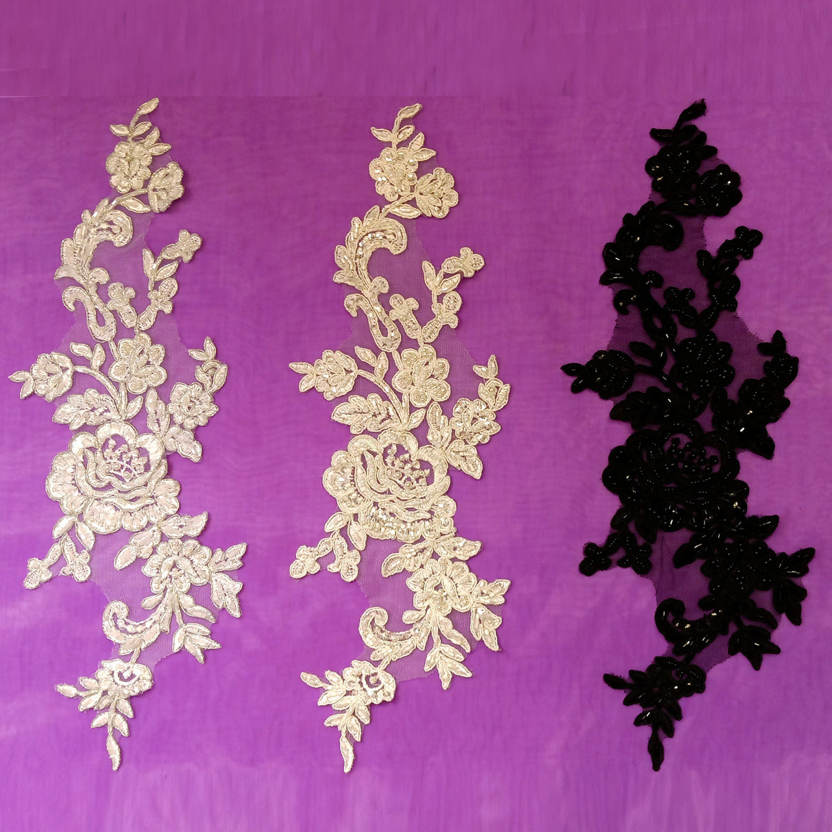 Beaded Corded Floral Lace Applique 100% Polyester Net Mesh