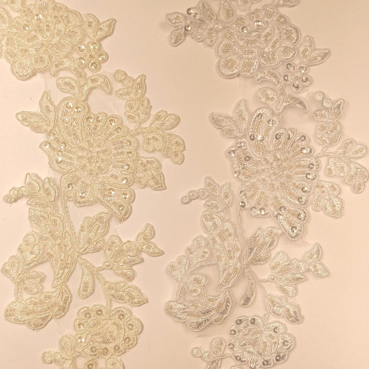 Beaded Corded Floral Lace Applique Polyester Fabric - Embroidered Net Mesh, 13" X 3", Black, Gold, Ivory, Silver, White, Ivory With Rose Gold Cording, White With Rose Gold Cording (1 Pair)
