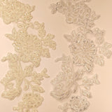 Beaded Corded Floral Lace Applique Polyester Fabric - Embroidered Net Mesh, 13" X 3", Black, Gold, Ivory, Silver, White, Ivory With Rose Gold Cording, White With Rose Gold Cording (1 Pair)