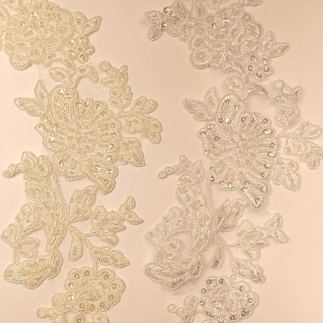 Beaded Corded Floral Lace Applique 100% Polyester Net Mesh 13" x 3"