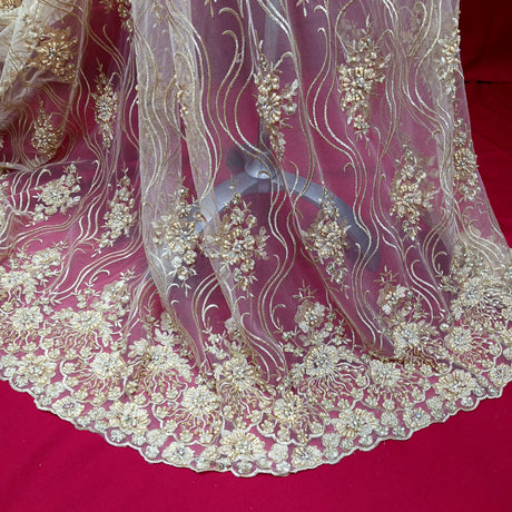 Beaded Lace Fabric on Polyester Net Mesh