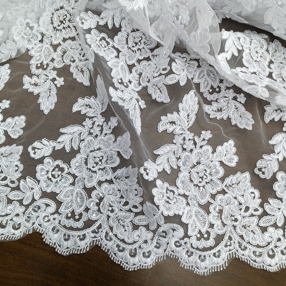 Beaded Corded Bridal Lace Fabric - Embroidered 100 Percent Polyester Net Mesh, 50" Wide (1 Yard)