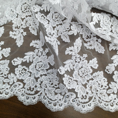 Beaded Corded Bridal Lace Fabric - Embroidered 100 Percent Polyester Net Mesh, 50" Wide (1 Yard)