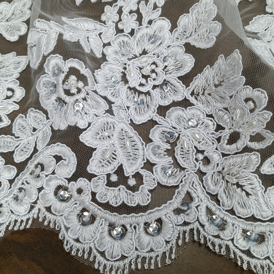 1 Yard Beaded and Corded Bridal Lace Fabric Embroidered on Polyester Net Mesh