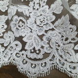 1 Yard Beaded and Corded Bridal Lace Fabric Embroidered on Polyester Net Mesh