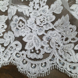Beaded Corded Bridal Lace Fabric - Embroidered 100 Percent Polyester Net Mesh, 50" Wide (1 Yard)