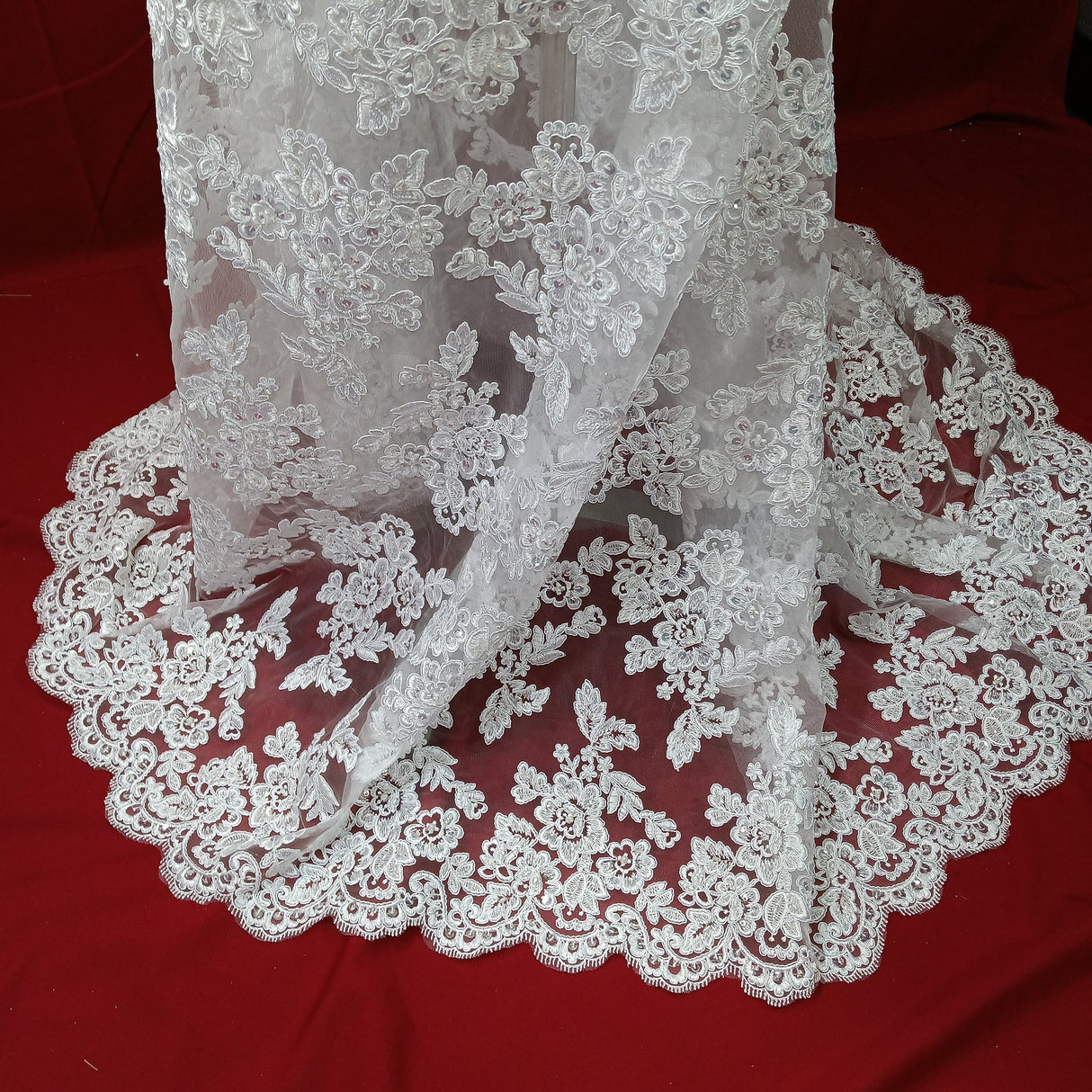 Beaded Corded Bridal Lace Fabric - Embroidered 100 Percent Polyester Net Mesh, 50" Wide (1 Yard)