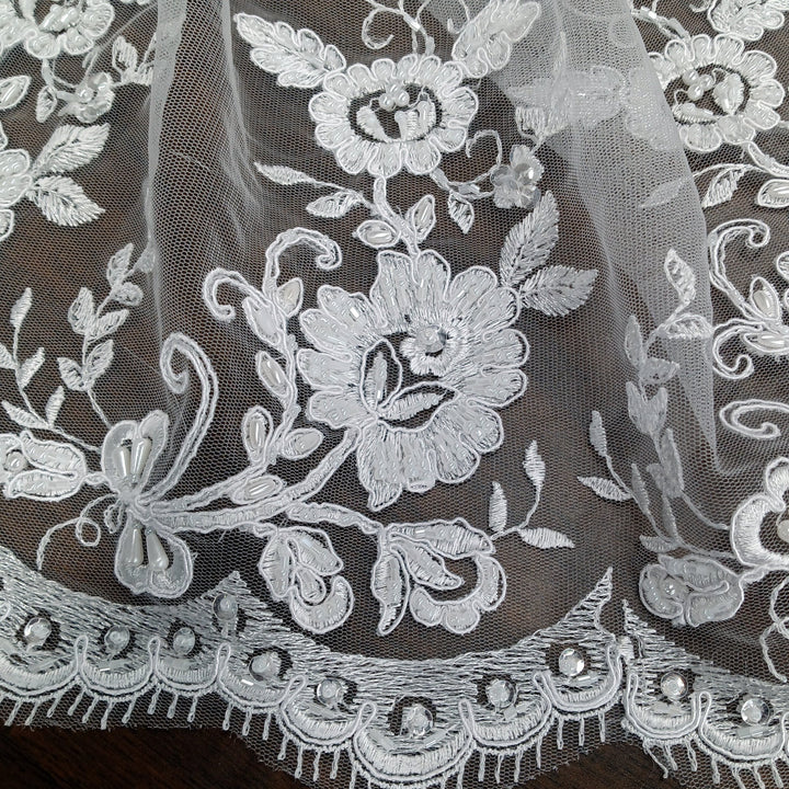 1 Yard Luxury Beaded and Corded Bridal Lace Fabric Embroidered on 100% Polyester Net Mesh White