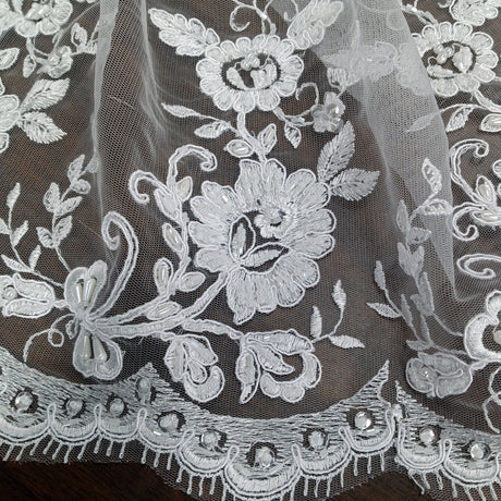 Beaded Corded Bridal Lace Fabric - Embroidered Polyester Net Mesh, 48" Width, White, Ivory (1 Yard)