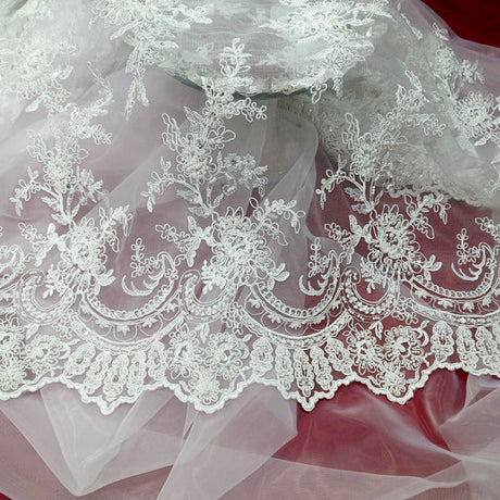 1 Yard Beaded and Corded Bridal Fabric Lace Embroidered on Polyester Net Mesh 51 inch Width