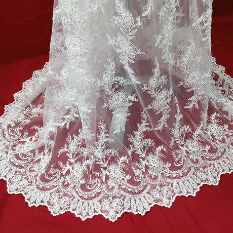 1 Yard Beaded and Corded Bridal Fabric Lace Embroidered on Polyester Net Mesh 51 inch Width