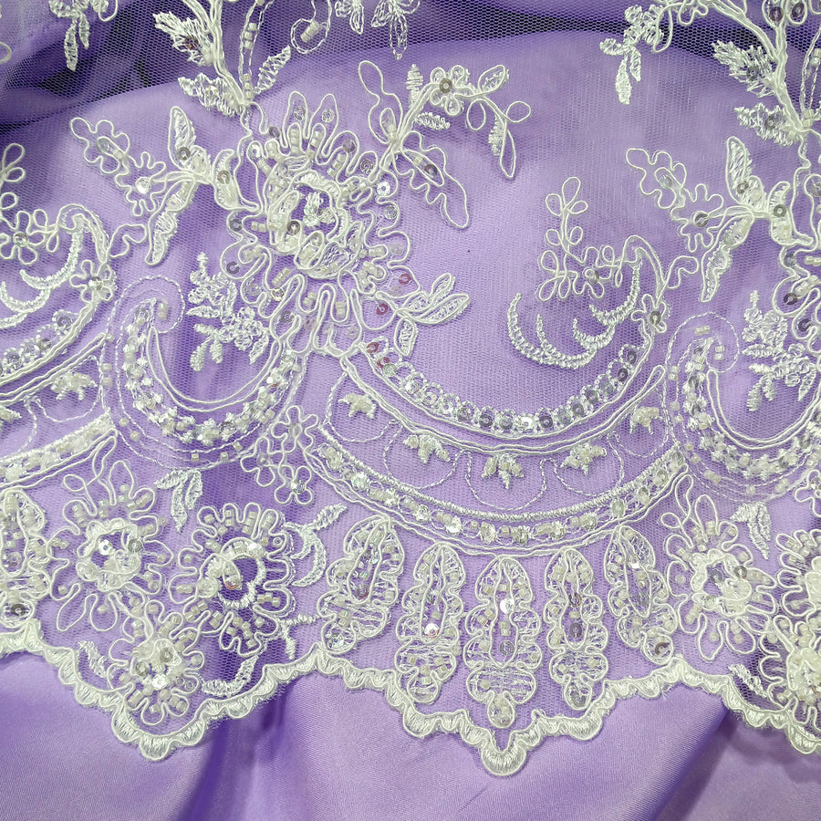 1 Yard Ivory Beaded & Corded Bridal Fabric Lace Embroidered on 100 Percent Polyester Net Mesh 51 Inch Width