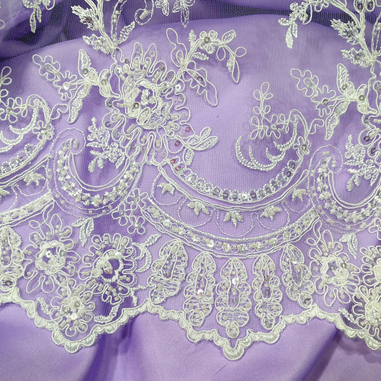 Beaded & Corded Bridal Polyester Lace Fabric - Embroidered Net Mesh, 51" Width (1 Yard)