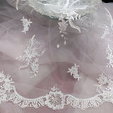 1 Yard Ivory Beaded and Corded Bridal Lace Fabric Embroidered on Polyester Net Mesh 52 Inch Width