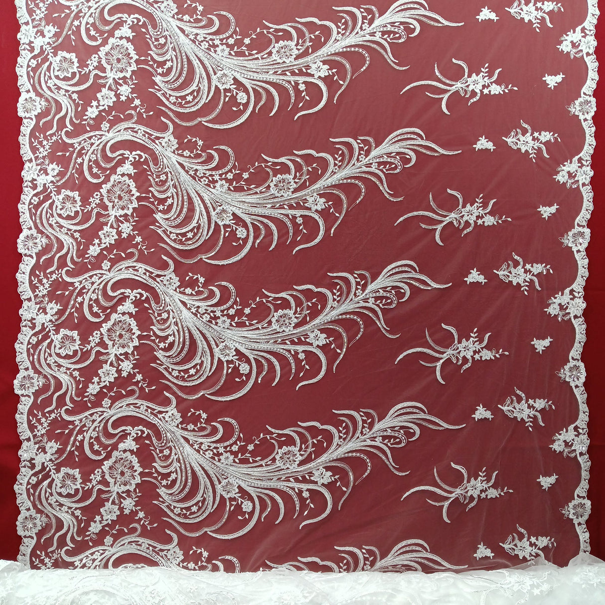 1 Yard Beaded Corded Bridal Lace Fabric Embroidered 100 Percent Polyester Net Mesh 52 inch Width