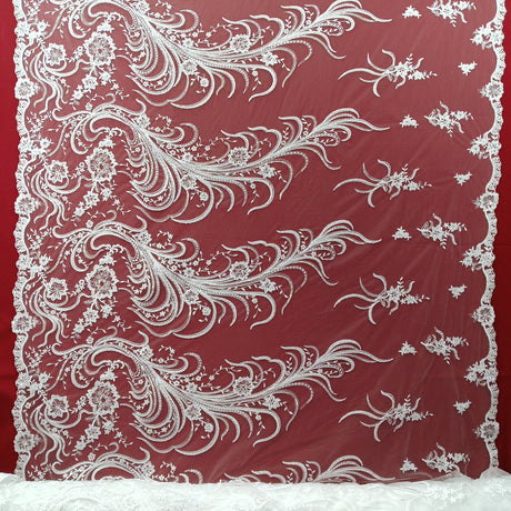 1 Yard Beaded Corded Bridal Lace Fabric Embroidered 100 Percent Polyester Net Mesh 52 inch Width