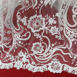 1 Yard Luxurious Beaded and Corded Bridal Lace Fabric Embroidered on 100% Polyester Net Mesh White