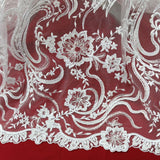 1 Yard Elegant Beaded Corded Bridal Lace Fabric Embroidered on Premium Mesh 52
