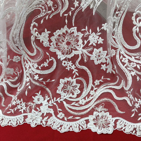 1 Yard Ivory Beaded and Corded Bridal Lace Fabric Embroidered on Polyester Net Mesh 52 Inch Width