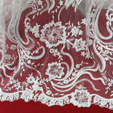 1 Yard Beaded Corded Bridal Lace Fabric Embroidered 100 Percent Polyester Net Mesh 52 inch Width