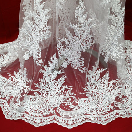 Beaded Corded Bridal Lace Fabric - Embroidered Polyester Net Mesh, 50" Width, Gold, Silver, Ivory, White (1 Yard)