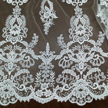 Beaded Corded Bridal Lace Fabric - White, Ivory, Embroidered Net Mesh, 51" Width (1 Yard)