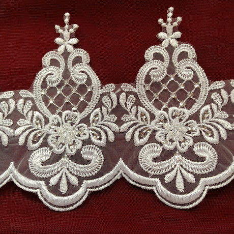 Beaded Lace Trimming Embroidered On 100 Percent Polyester Organza Fabric - Beaded Embroidered Lace, 6" Width (1 Yard)