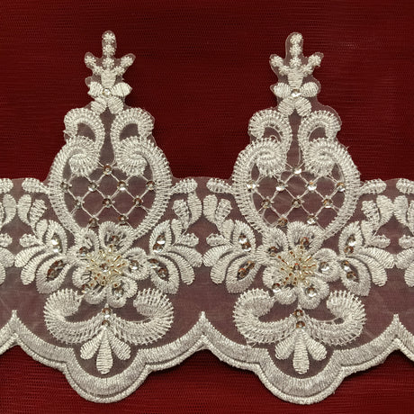 Beaded Lace Trimming Embroidered On 100 Percent Polyester Organza Fabric - Beaded Embroidered Lace, 6" Width (1 Yard)