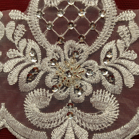 Beaded Lace Trimming Embroidered On 100 Percent Polyester Organza Fabric - Beaded Embroidered Lace, 6" Width (1 Yard)