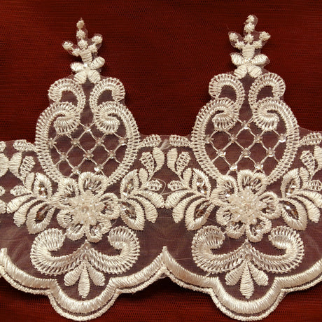 Beaded Lace Trimming Embroidered On 100 Percent Polyester Organza Fabric - Beaded Embroidered Lace, 6" Width (1 Yard)