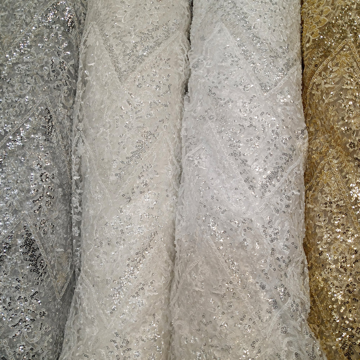 Beaded Sequined Lace Fabric - Embroidered 100 Percent Polyester Net Mesh, Gold, Ivory, Silver, White, 52" Width (1 Yard)