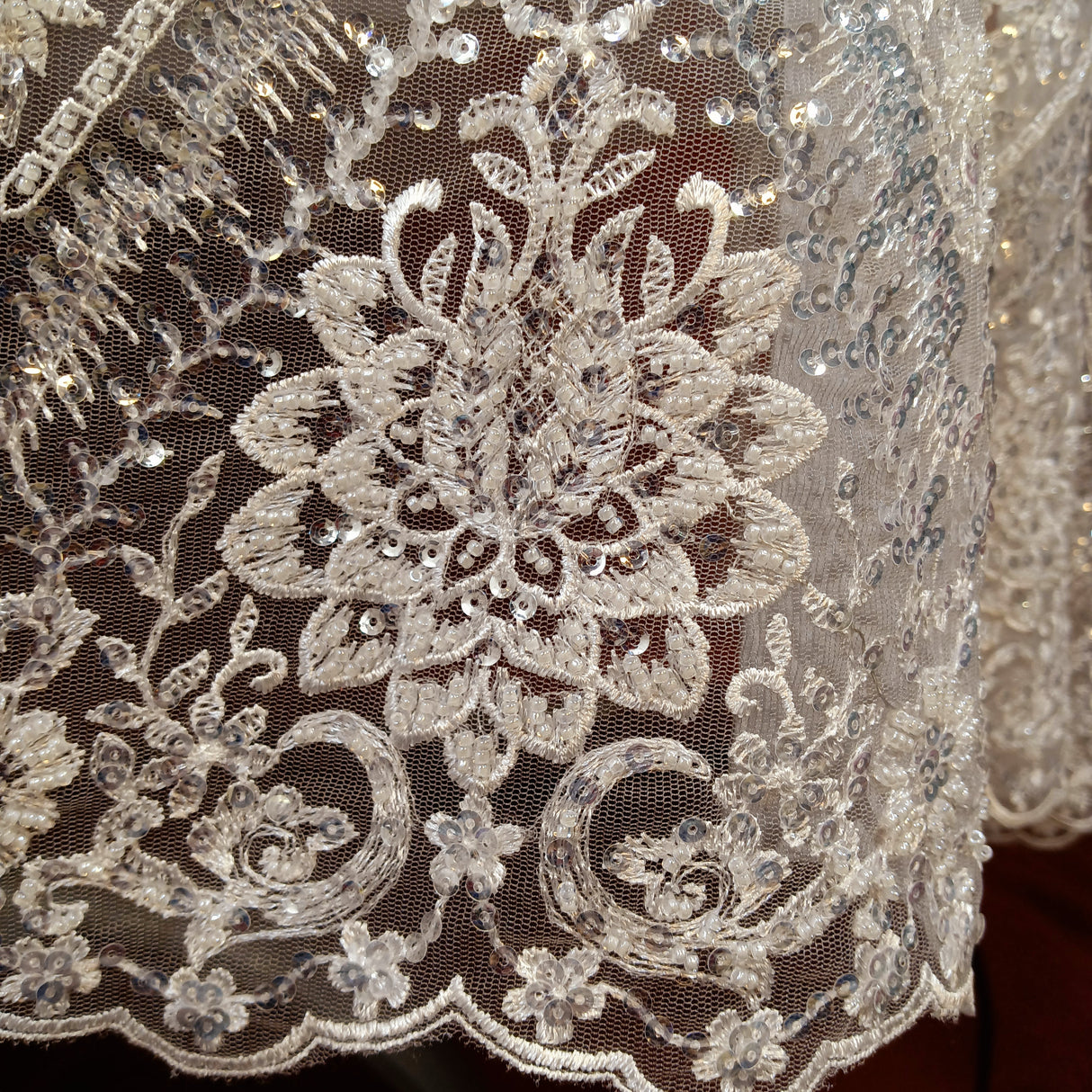 Beaded Sequined Lace Fabric on Polyester Net Mesh