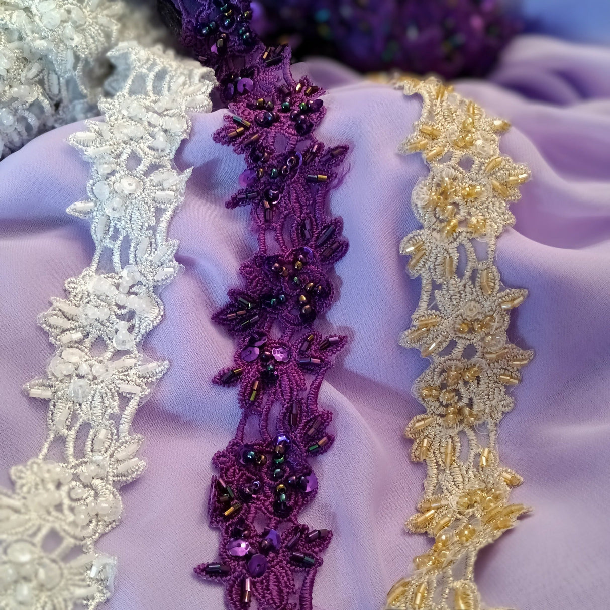 Beaded Lace Trimming Embroidered On 100 Percent Polyester Organza Fabric - Silver, 1.5" Width (1 Yard)