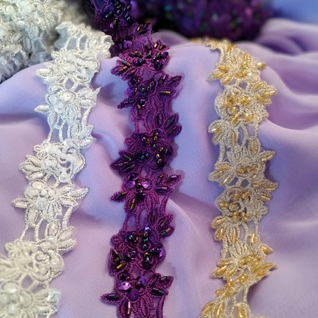 Beaded Lace Trimming Embroidered On 100 Percent Polyester Organza Fabric - Silver, 1.5" Width (1 Yard)