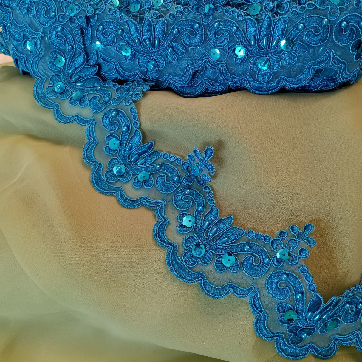 Beaded & Corded Lace Trimming Embroidered On 100% Polyester Organza Fabric - Aqua, 3" Width (1 Yard)