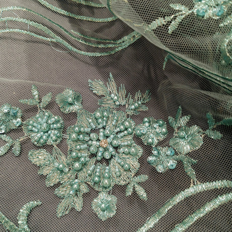 1 Yard Elegant Beaded Lace Fabric Embroidered on Polyester Net Mesh 51 inch Width