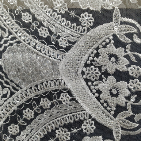 Beaded Lace Fabric Embroidered On 100 Percent Polyester Net Mesh - Off White, Beaded Embroidered Lace, 51" Width (1 Yard)