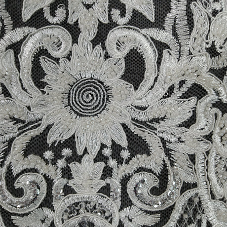 Beaded Corded Lace Medallion Applique Polyester Fabric - Gold, Ivory, White, 25" X 10.5" (1 Piece)
