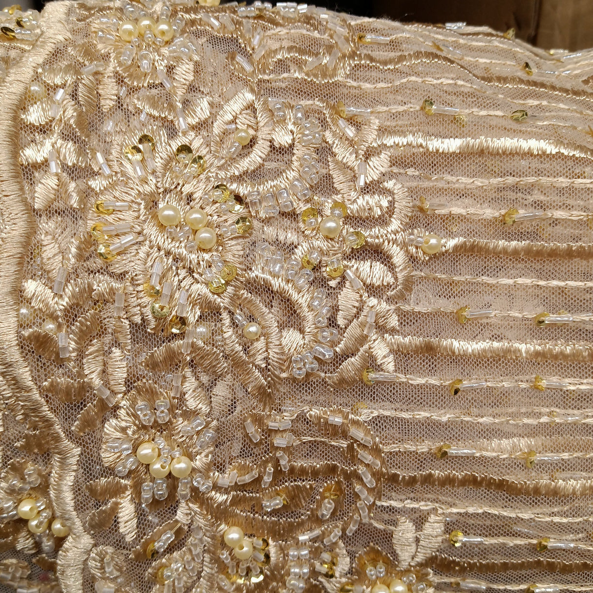 1 Yard Navy Beaded Lace Fabric Embroidered on Polyester Net Mesh 52 inch Width