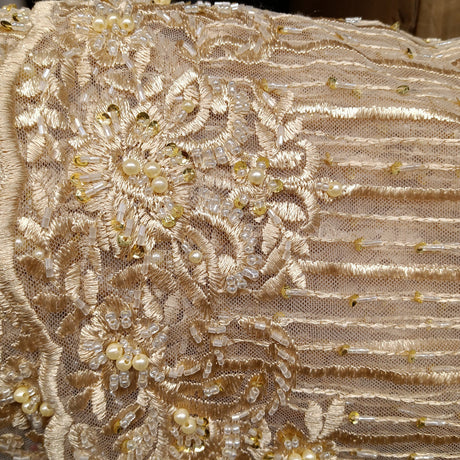 1 Yard Navy Beaded Lace Fabric Embroidered on Polyester Net Mesh 52 inch Width