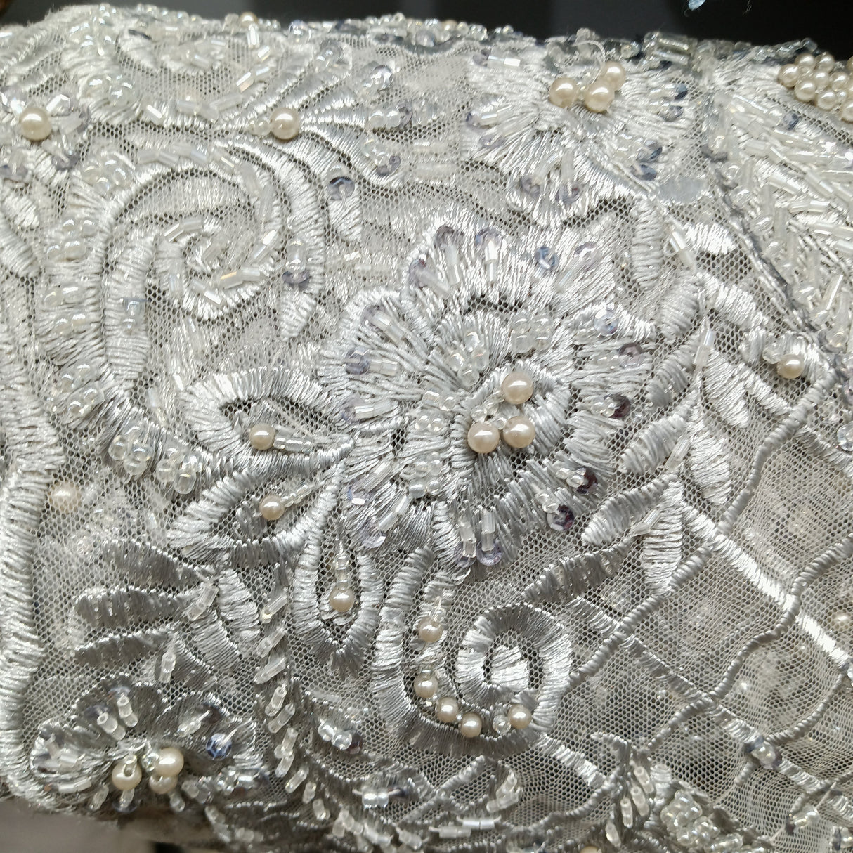Beaded Lace Fabric - Embroidered 100 Percent Polyester Net Mesh, Floral Baroque Scalloped Edge, 52" Width (1 Yard)
