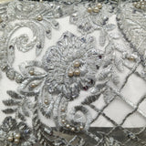 1 Yard Navy Beaded Lace Fabric Embroidered on Polyester Net Mesh 52 inch Width