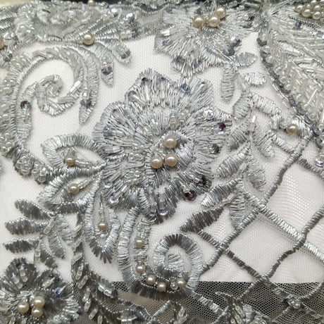 1 Yard Navy Beaded Lace Fabric Embroidered on Polyester Net Mesh 52 inch Width
