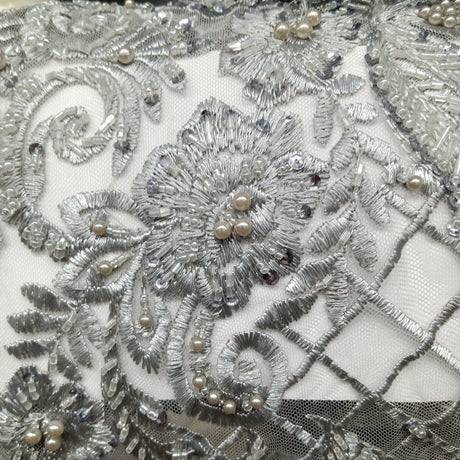 Beaded Lace Fabric on Polyester Net Mesh 52"