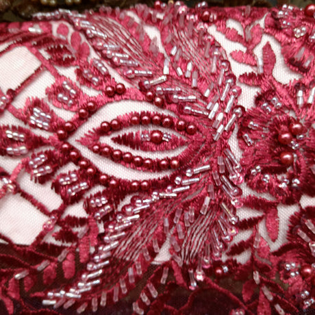 1 Yard Elegant Beaded Lace Fabric Embroidered on 100% Polyester Net Mesh