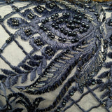 Beaded Lace Fabric - Embroidered 100 Percent Polyester Net Mesh, Floral Baroque Scalloped Edge, 52" Width (1 Yard)
